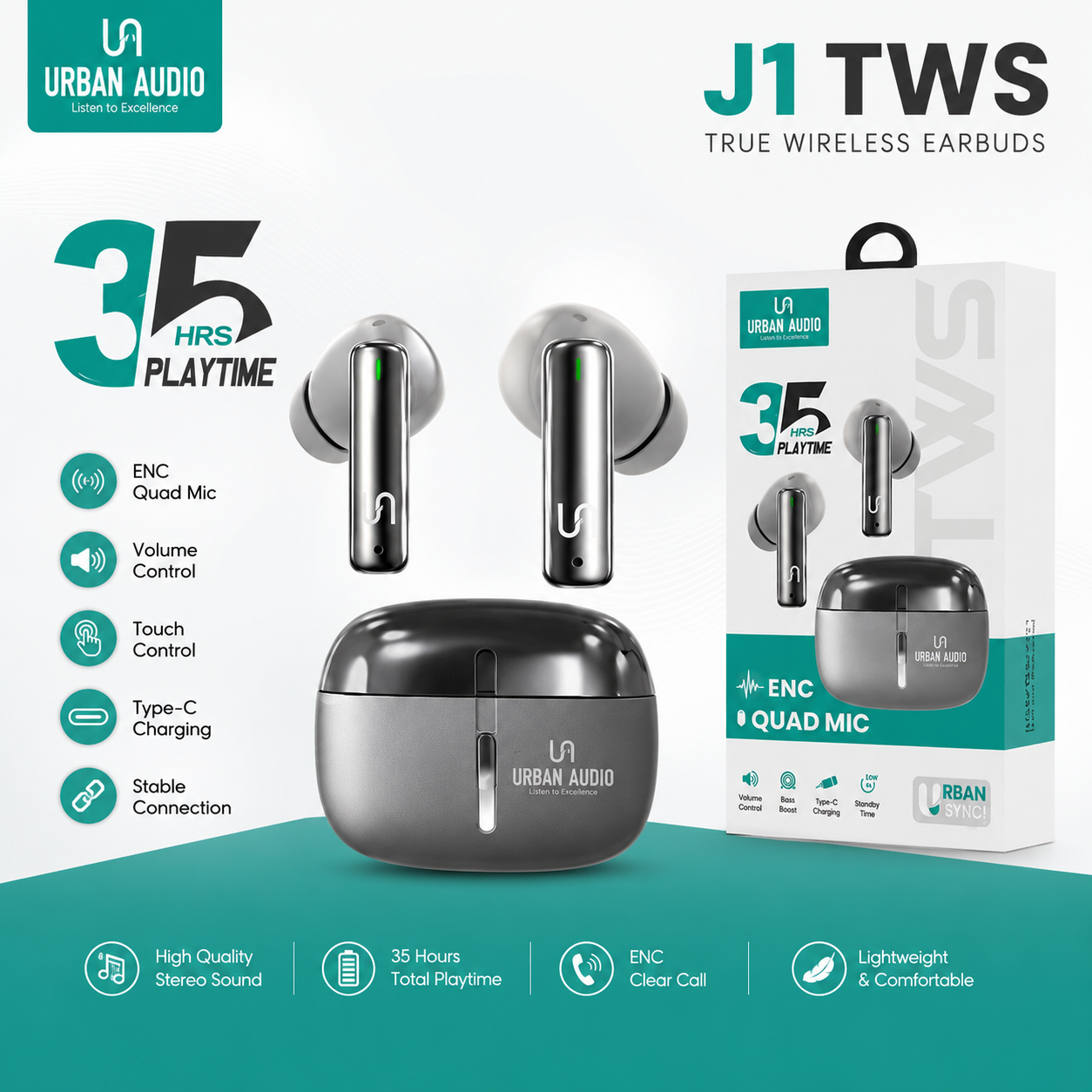 JO Urban Audio J1 TWS Bluetooth Earbuds – ENC Quad Mic | 35 Hours Playtime